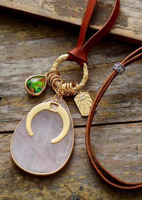 Boho Necklace, Rose Quartzs Opal Horseshoe Evil Eye Charms Leather Pendant Neckles
